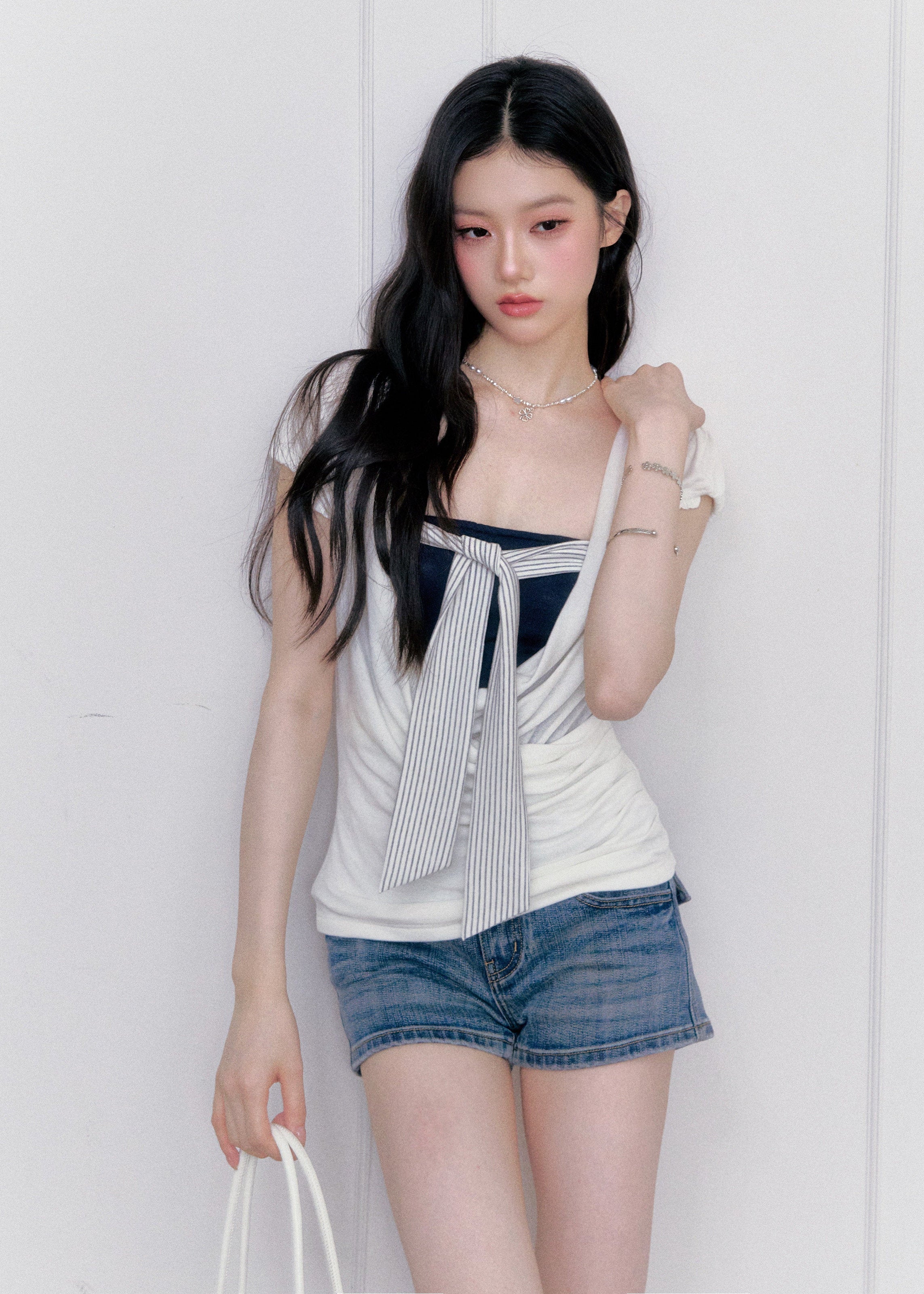 fragileheart top, korean summer top, color block top, layered summer top, strapless inner top, feminine korean fashion, preppy fitted top, contrast layered tee, cute summer top, soft girl korean outfit, ribbon detail top, stylish casual top