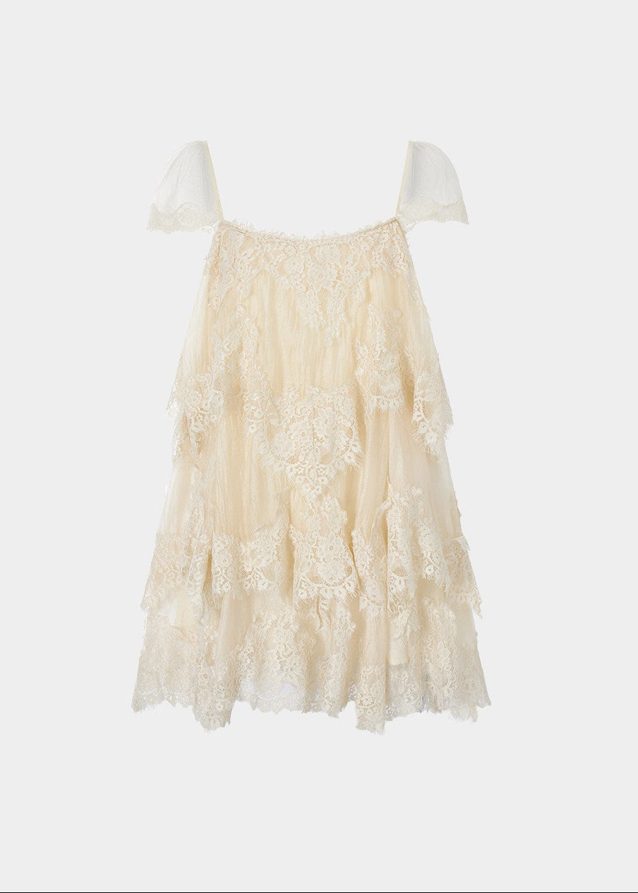 irregular lace dress, lace cake dress, summer lace mini dress, beach holiday dress, Korean feminine dress, French lace dress, resort lace dress, vintage lace dress, layered lace dress, romantic summer dress, lace vacation dress, asymmetric hem dress, feminine Korean fashion, cream lace dress, black lace mini dress