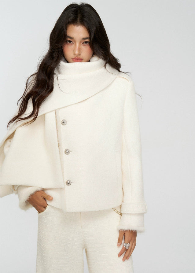 white wool jacket, draped scarf collar coat, 4muggle stylish winter coat, cropped woolen jacket women, elegant white winter top, luxury chic outerwear, autumn winter wool coat, pure white fashion coat, modern scarf neck jacket, classy winter city girl look, refined wool jacket woman, stylish winter outfit, warm chic cropped coat