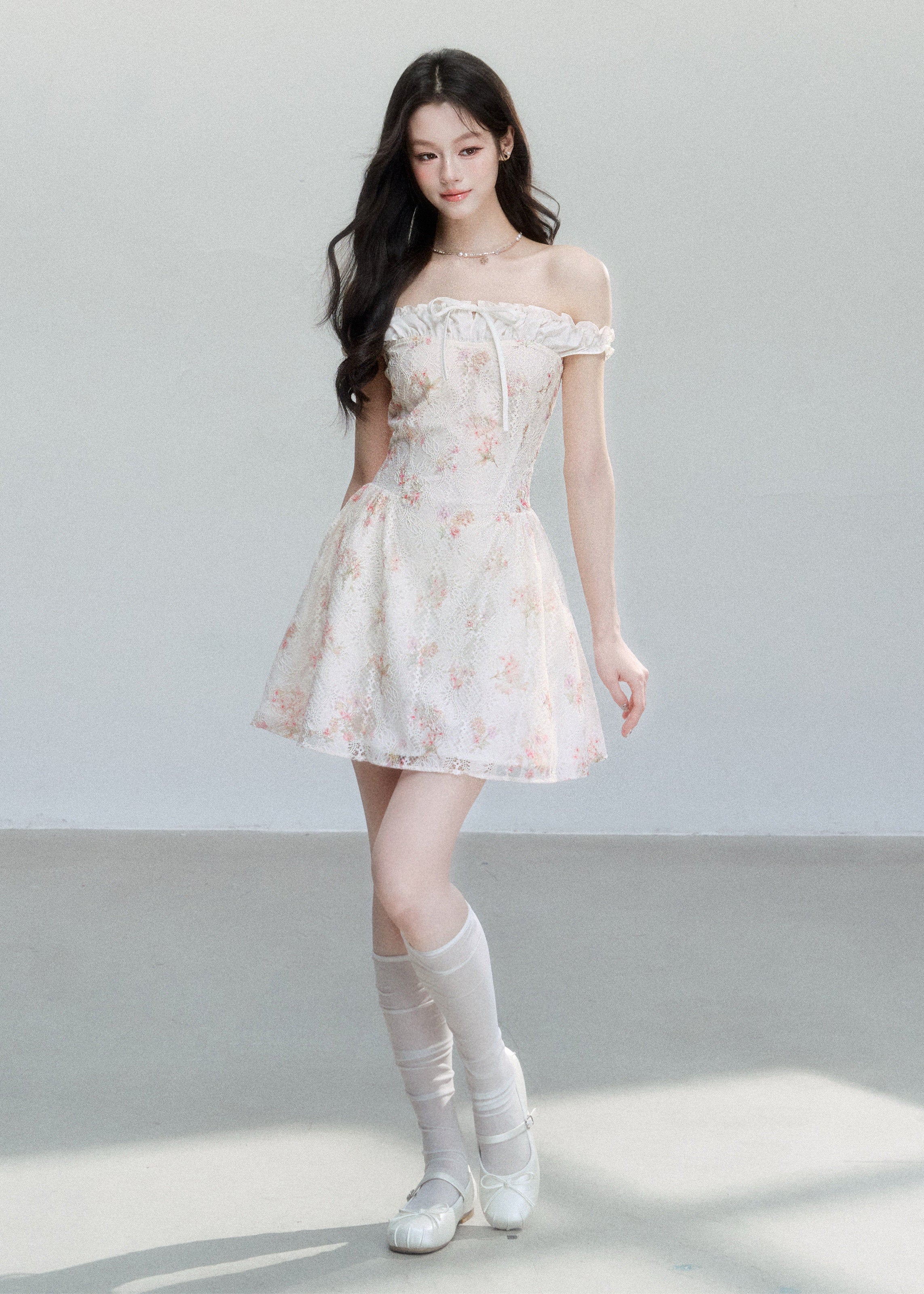 fragileheart dress, off shoulder floral dress, ivory mini dress, floral patchwork dress, korean feminine dress, romantic summer dress, vacation mini dress, soft girl dress, feminine floral dress, cream floral mini dress, summer date dress, korean vacation outfit