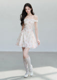 fragileheart dress, off shoulder floral dress, ivory mini dress, floral patchwork dress, korean feminine dress, romantic summer dress, vacation mini dress, soft girl dress, feminine floral dress, cream floral mini dress, summer date dress, korean vacation outfit