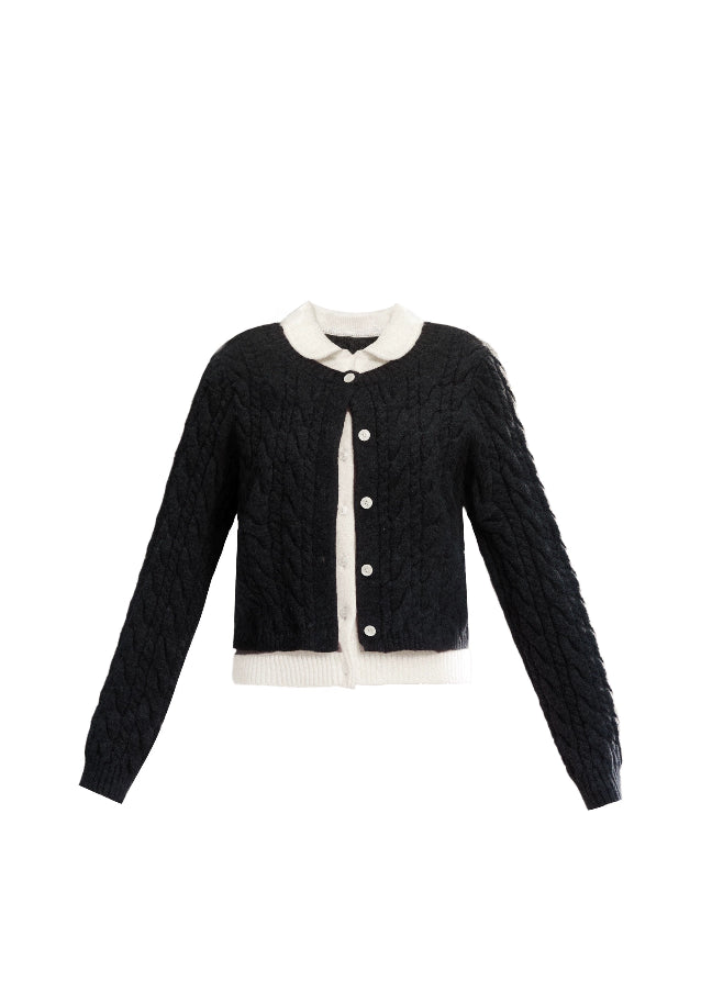 Fragileheart knit cardigan, faux two-piece sweater, doll collar knit top, luxury Korean fashion, quiet luxury womenswear, pastel noir aesthetic, elegant preppy outfit, 2025 winter K-fashion, contrast knit sweater, modern feminine knitwear, chic two-tone cardigan, sophisticated Korean look, soft autumn outfit, refined luxury fashion
