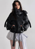 JNYLON faux leather jacket women, Korean stylish leather outerwear, stand collar PU jacket Korean fashion, edgy ruffle leather jacket women, modern Korean street chic jacket, oversized faux leather biker jacket women, trendy Korean fashion outerwear, playful structured leather jacket, chic Korean style faux leather coat, statement urban fashion jacket women