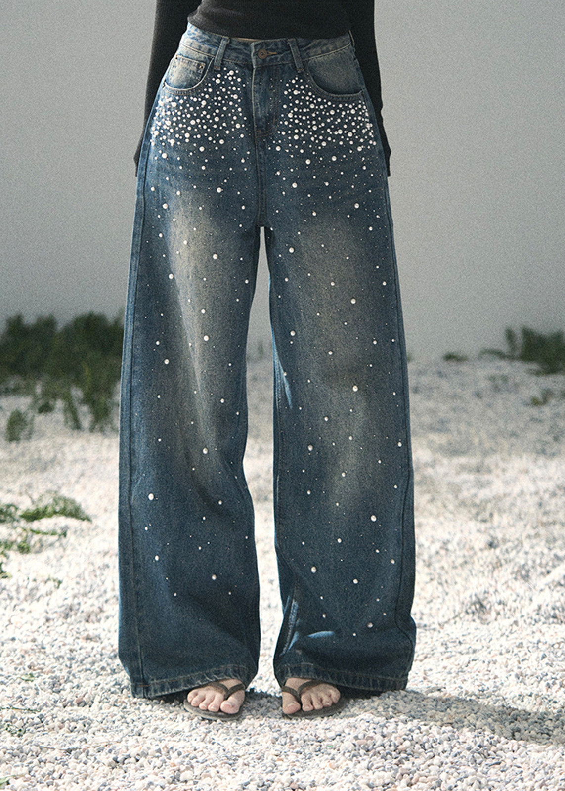 aomalm jeans, beaded jeans women, wide leg jeans women, pearl detail denim, korean fashion jeans, light blue denim pants, high waist wide leg jeans, straight leg denim women, embellished jeans, feminine korean outfit, romantic denim pants, casual summer jeans, soft blue jeans women