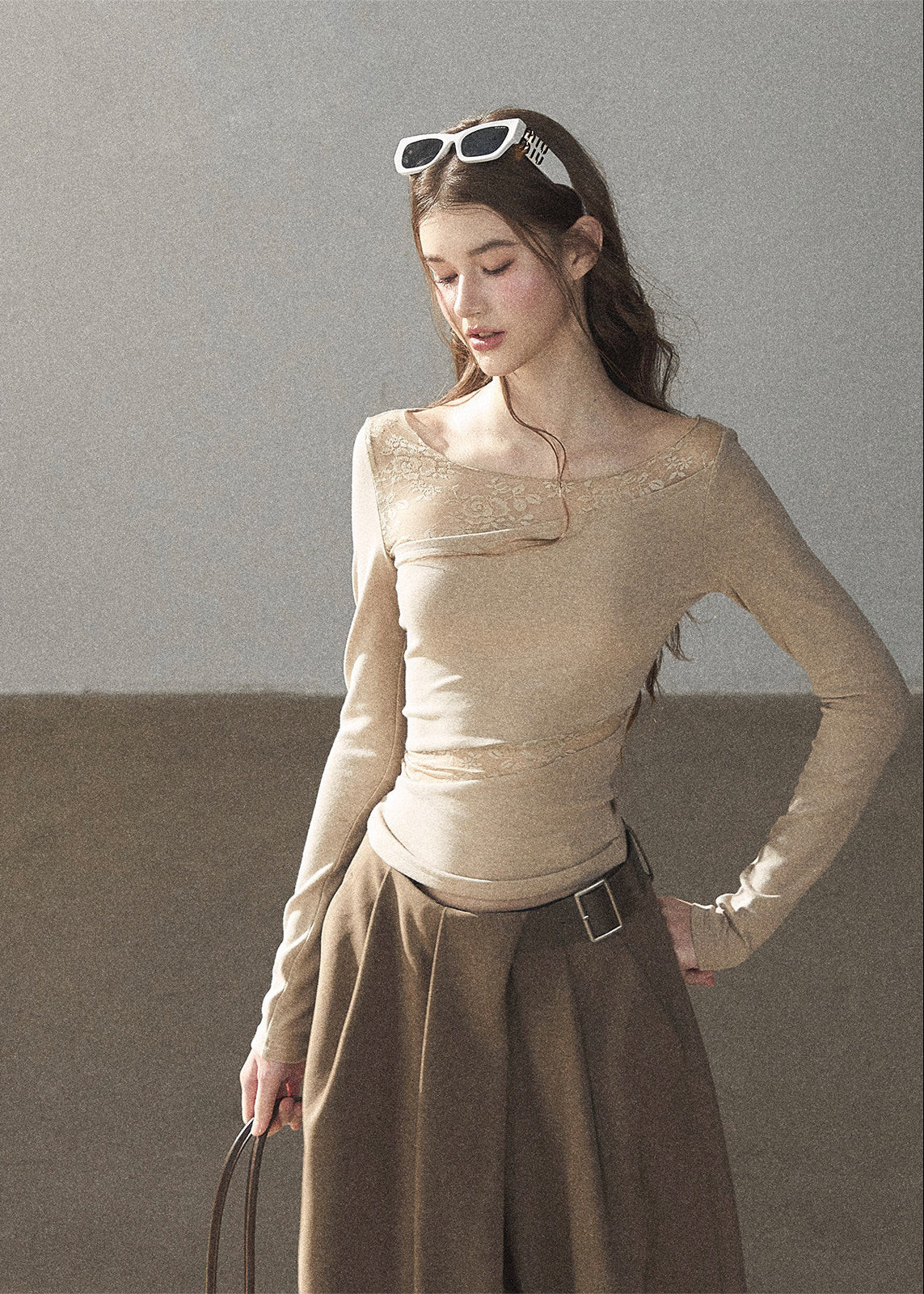 Sheer lace long sleeve top in ivory