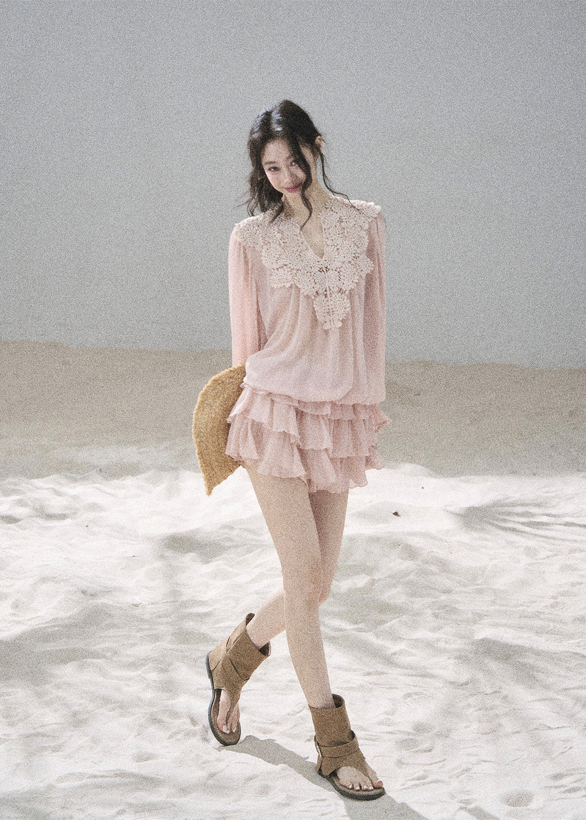 Blush pink lace blouse and ruffle mini skirt two-piece set