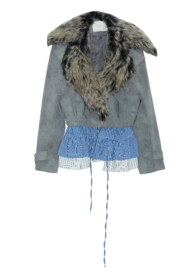 korean street jacket, faux fur collar jacket women, detachable hem jacket, hybrid layered jacket, matte grey PU leather coat, nomadic street style jacket, JNYLON outerwear, fake two piece jacket women, urban grunge fashion, deconstructed winter jacket, asymmetrical hem coat, korean edgy fashion, layered PU leather jacket, faux fur grey jacket women
