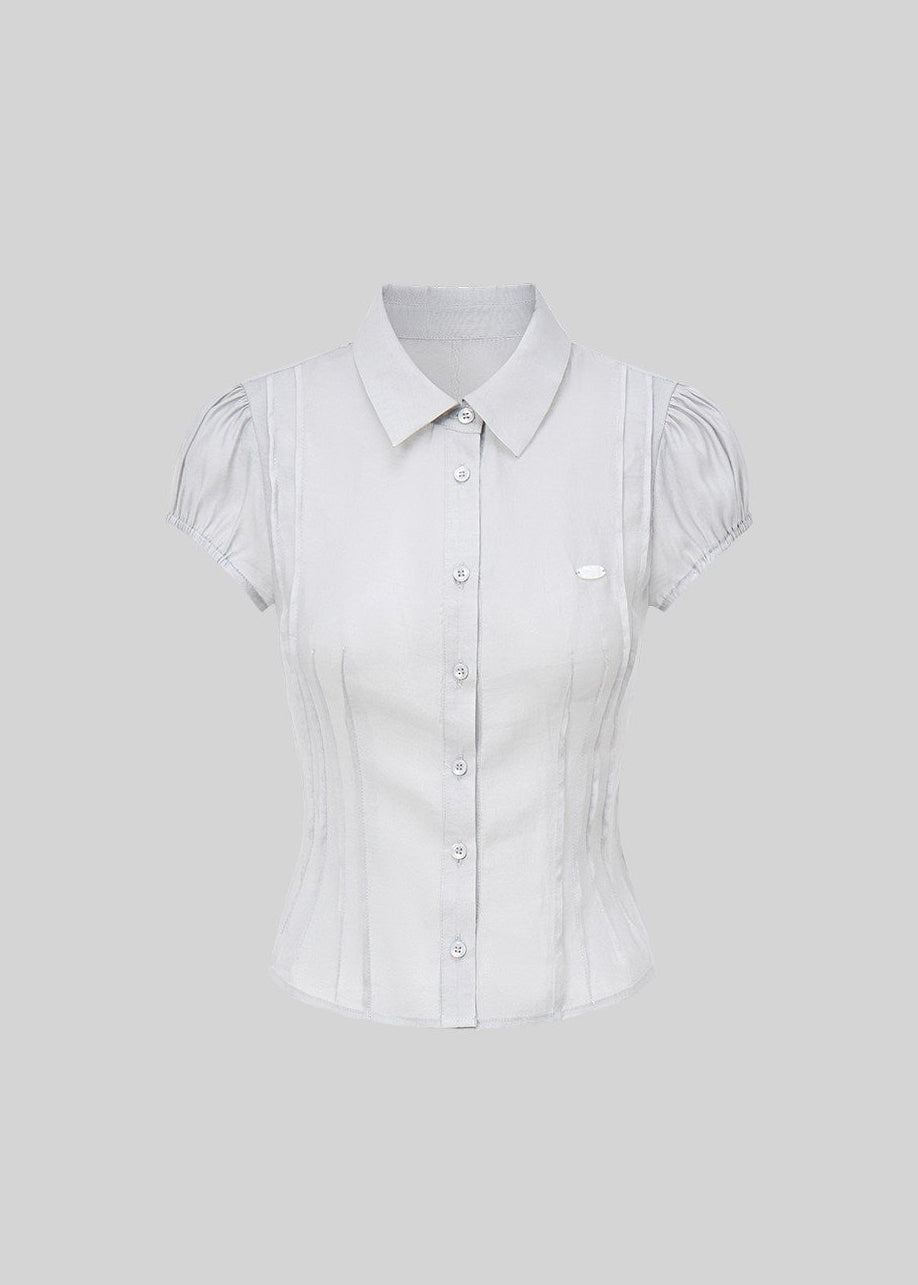 sheer button shirt, bubble sleeve blouse, slim fit sheer top, Korean feminine blouse, short sleeve sheer shirt, romantic button blouse, lightweight summer blouse, viscose lyocell top, soft sheer blouse, feminine office top, café date outfit top, pure desire shirt, elegant casual blouse, translucent shirt women, Korean style summer top