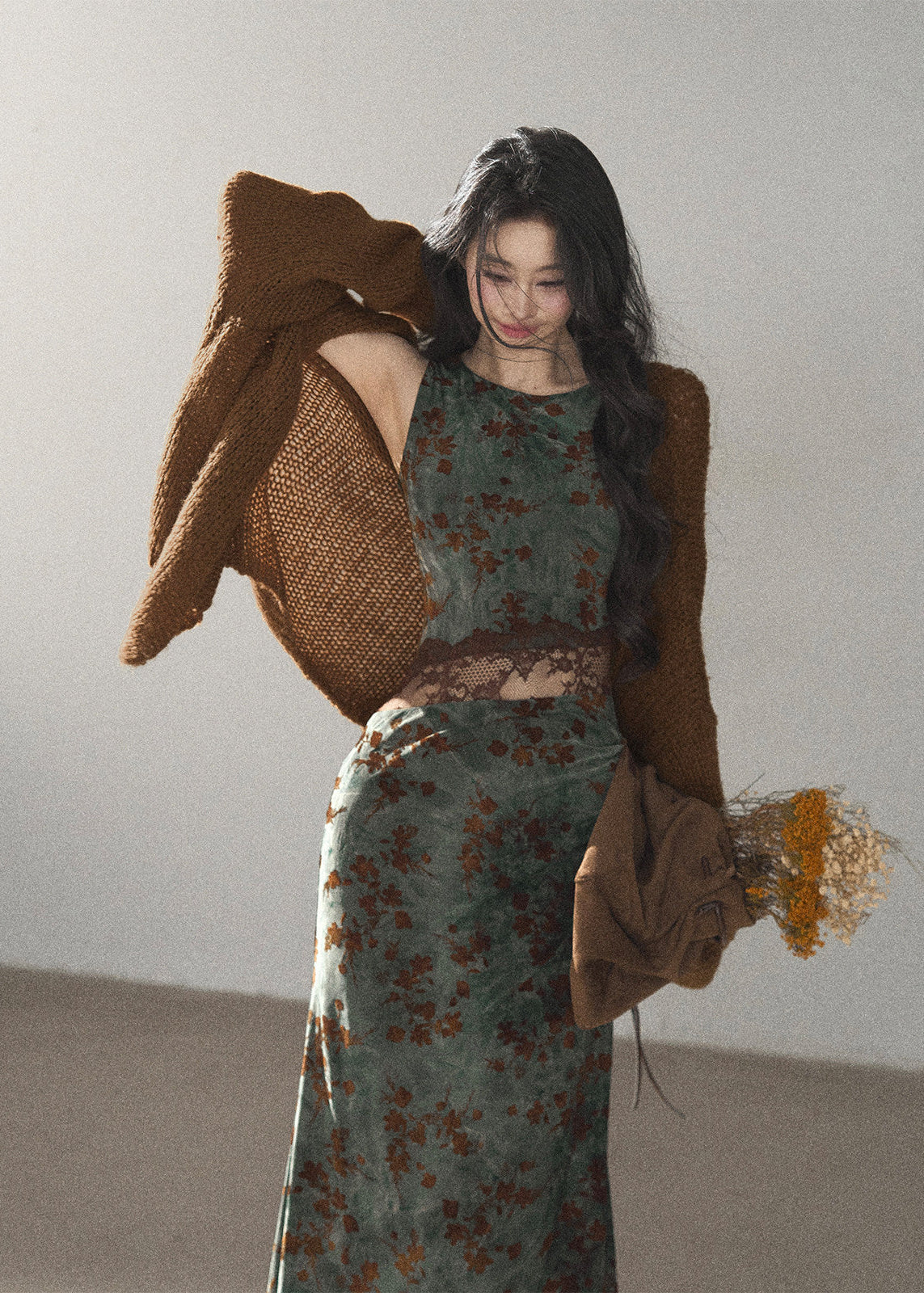 Moss green floral maxi dress with delicate lace waist panel