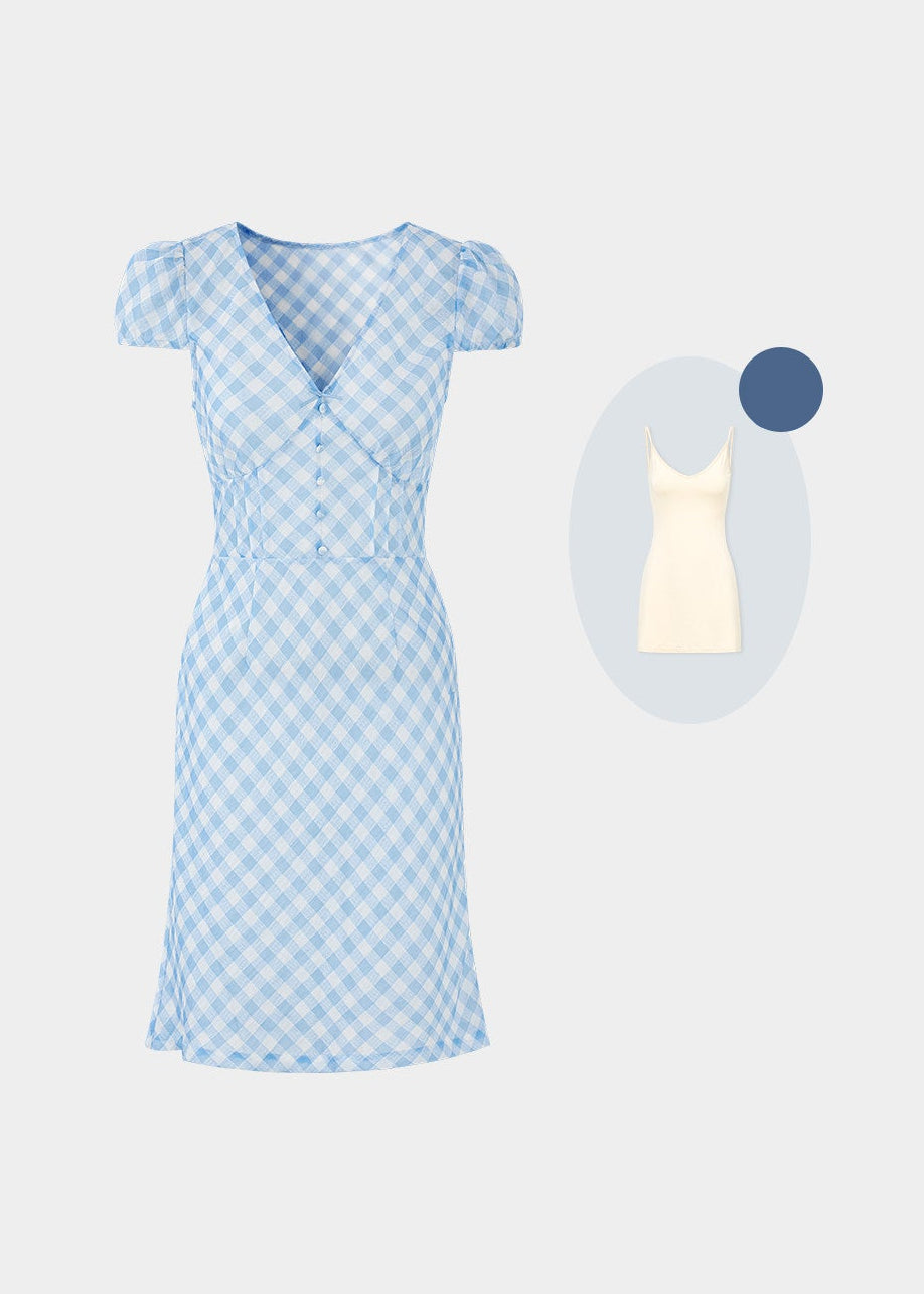 plaid puff sleeve dress, French vintage dress, V neck plaid dress, waist cinching dress, feminine Korean dress, cottagecore plaid dress, romantic summer dress, vintage inspired dress, puff sleeve midi dress, elegant everyday dress, countryside style dress, soft feminine plaid dress, date outfit dress, breathable summer dress, classic plaid dress women