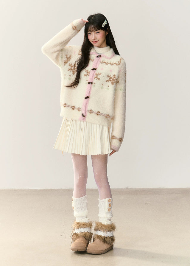 snowflake cardigan, fair isle cardigan, korean style knit sweater, soft fluffy cardigan, winter fuzzy sweater, imitation mink knit, cute korean cardigan, umoumo sweater, soft girl winter outfit, fair isle snowflake knit, cozy winter cardigan, kawaii winter cardigan, feminine knit top, warm fluffy jacket, korean fashion aw 2025