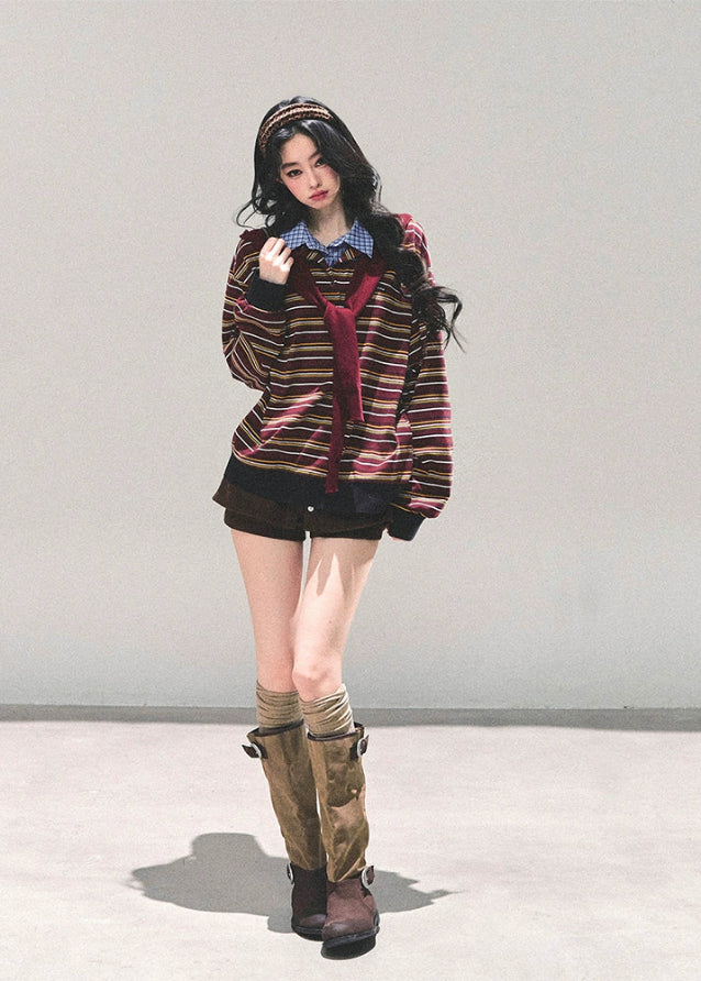 striped polo shirt women, fake two piece top, american style striped tee, layered polo collar shirt, autumn winter striped top, preppy stripe long sleeve, fw25 layered shirt women, korean retro stripe top, oversized stripe polo tee
