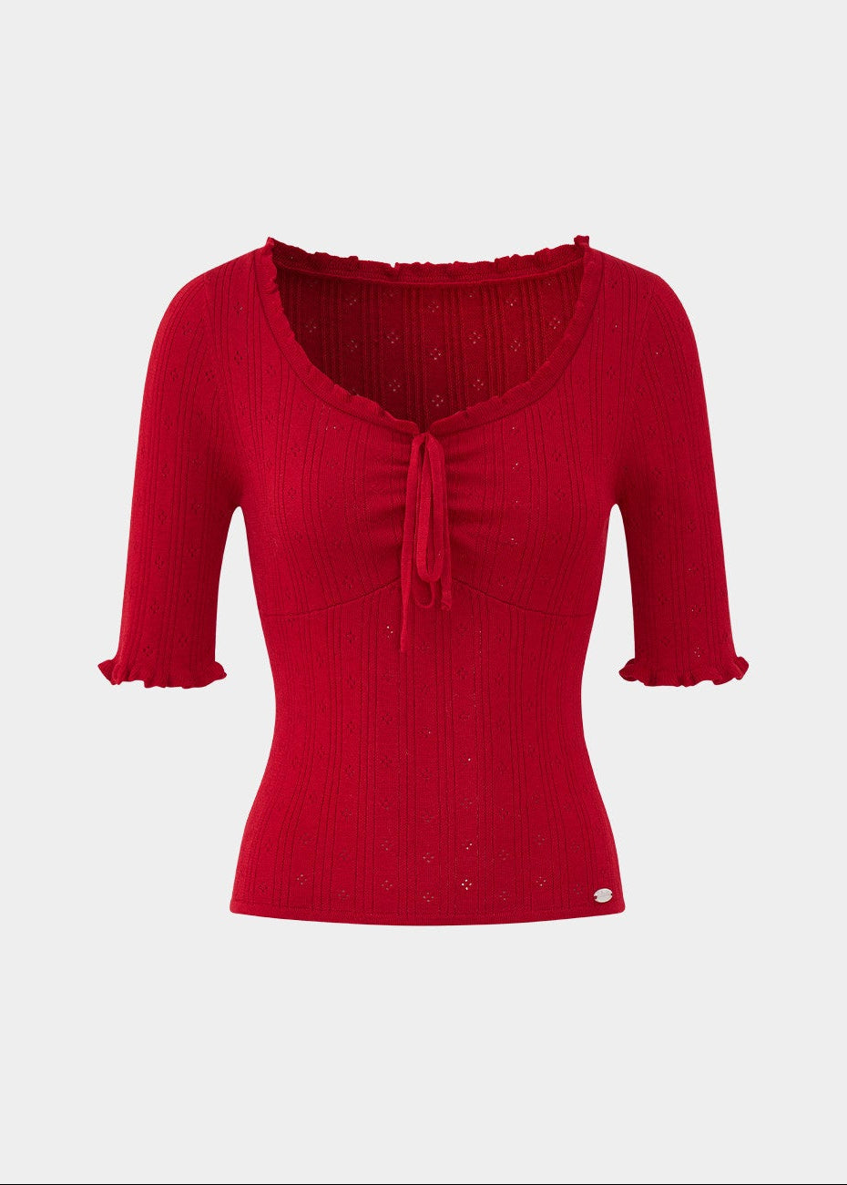 red knit top women, jacquard sweater women, u neck knit top, korean fashion top, slim fit sweater, lightweight knitwear, feminine red top, three quarter sleeve knit, textured knit top, elegant casual top, spring sweater women, parisian style top, soft knit blouse, body contour knit, modern feminine clothing, breathable sweater top, chic everyday outfit, refined knitwear women, versatile red top, aesthetic fashion knit