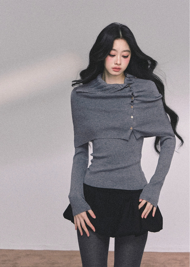 layered knit top, shawl knit two piece, Korean fashion top, Korean girl style knit, fall knit top women, winter knit set, off shoulder shawl knit, elegant Korean sweater, slim fit knit top, two piece knit outfit, gray knit long sleeve, black knit long sleeve, trendy Korean sweater, Seoul street style knit, aesthetic knitwear women, Nowa Tokyo knit top, boutique knit style, Korean American fashion top
