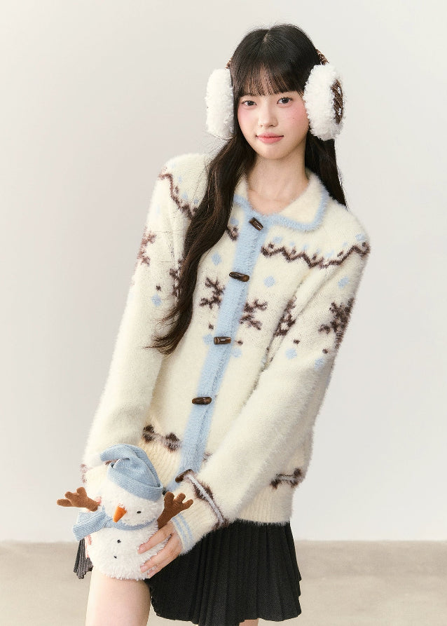 snowflake cardigan, fair isle cardigan, korean style knit sweater, soft fluffy cardigan, winter fuzzy sweater, imitation mink knit, cute korean cardigan, umoumo sweater, soft girl winter outfit, fair isle snowflake knit, cozy winter cardigan, kawaii winter cardigan, feminine knit top, warm fluffy jacket, korean fashion aw 2025