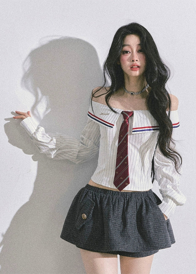 off shoulder striped shirt women, korean style off shoulder top, seoul fashion blouse, long sleeve bardot striped top, cute commuter top women, korean american street style shirt, preppy stripe blouse, autumn slim fit top women, trendy off shoulder blouse, pinstripe bardot top, school girl aesthetic top
