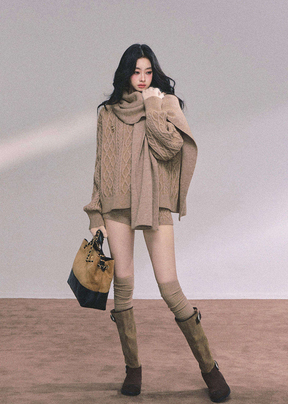 AOMALM knit set, Korean sweater set women, winter knit shorts set, college style knitwear, cable knit sweater women, feminine winter outfit, Korean cozy set, three piece knit set women, soft knit sweater winter, preppy Korean style outfit, winter lounge set women, scarf sweater set, cute winter knitwear, aesthetic Korean fashion, casual winter knit set