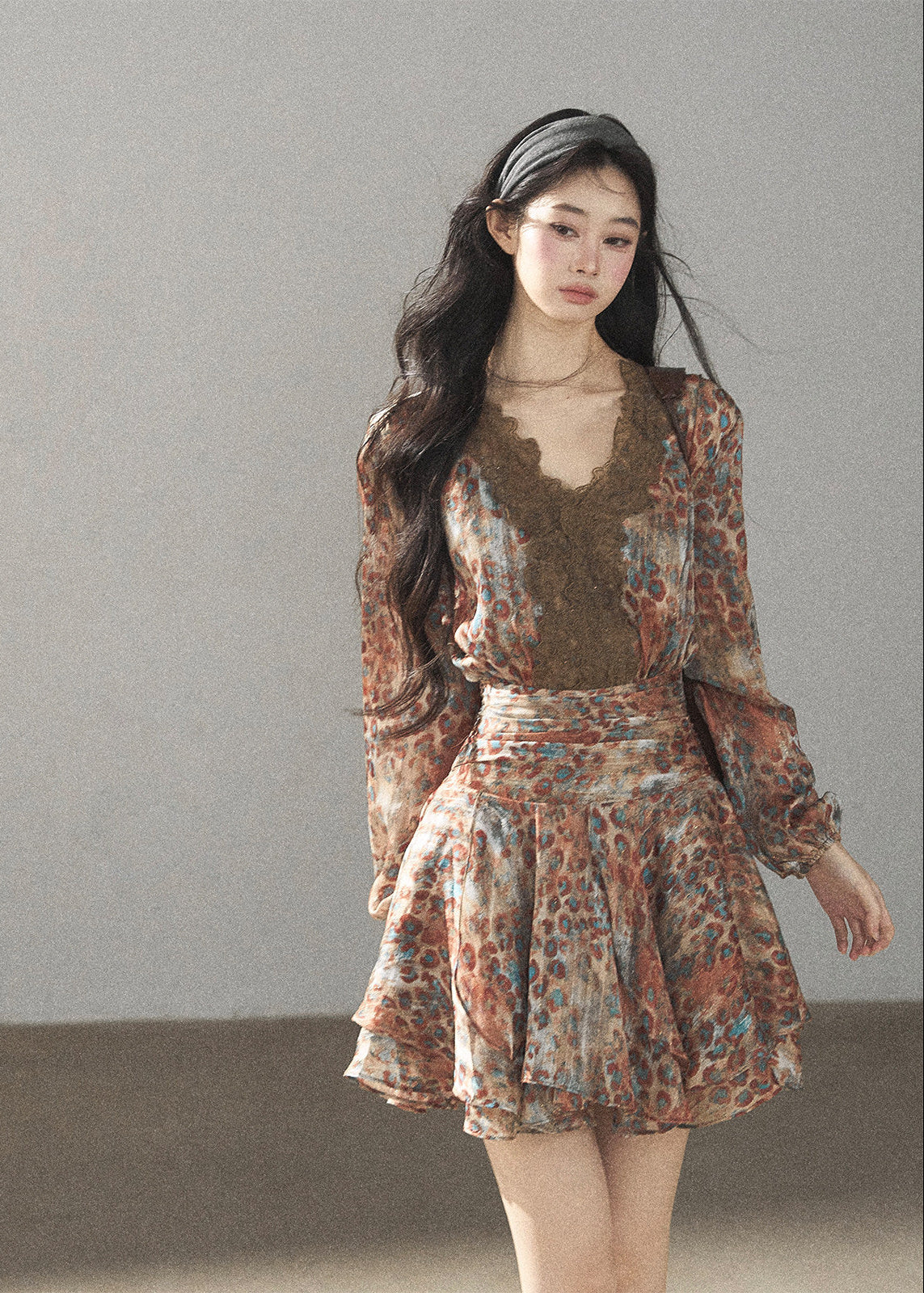 Floral chiffon mini dress with lace V-neck detail