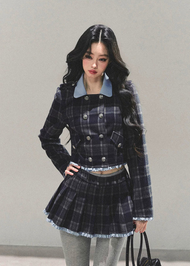 Proust Blue set, plaid suit set, collegiate jacket women, winter plaid skirt set, Korean two-piece outfit, AOMALM suit set, academic style outfit, Korean winter fashion, plaid mini skirt, tailored winter jacket, K-fashion set, blue plaid outfit, elegant winter outfit women, campus style clothing, wool blend jacket women, date outfit winter, Korean street style, cute two-piece set, winter feminine fashion, plaid matching set