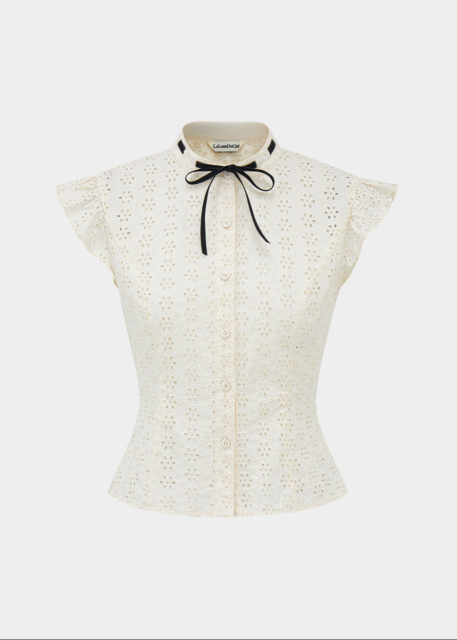 cotton eyelet set, embroidered two piece set, flutter sleeve top and skirt, Korean feminine set, ribbon collar top, pure cotton summer set, hollow embroidered top, mini skirt set, romantic Korean fashion, feminine summer outfit, café date outfit, white cotton skirt set, eyelet blouse set, sweet Korean style, summer two piece outfit