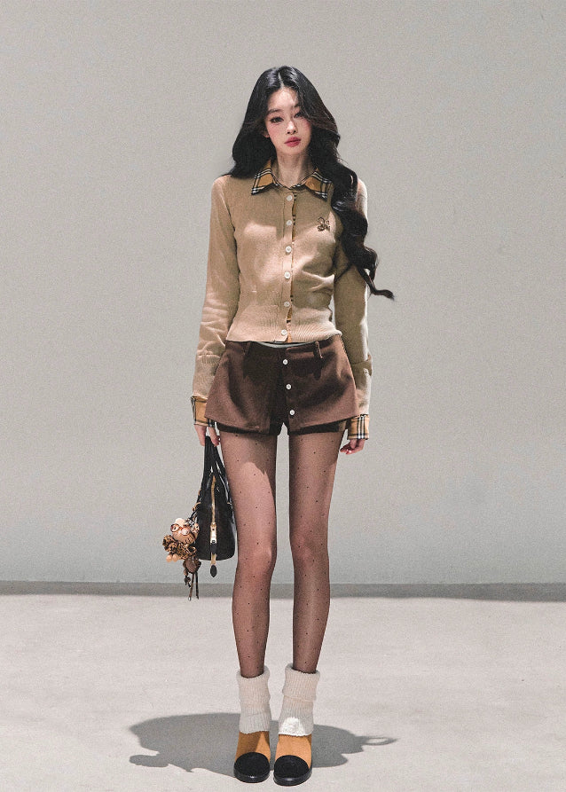 soft memoir knit blouse, korean knit top, feminine knit shirt, layered collar knit, plaid collar blouse, autumn winter knitwear, slim fit knit top, AOMALM top, korean fashion 2025, girly knit blouse, two tone knitwear, elegant knit long sleeve