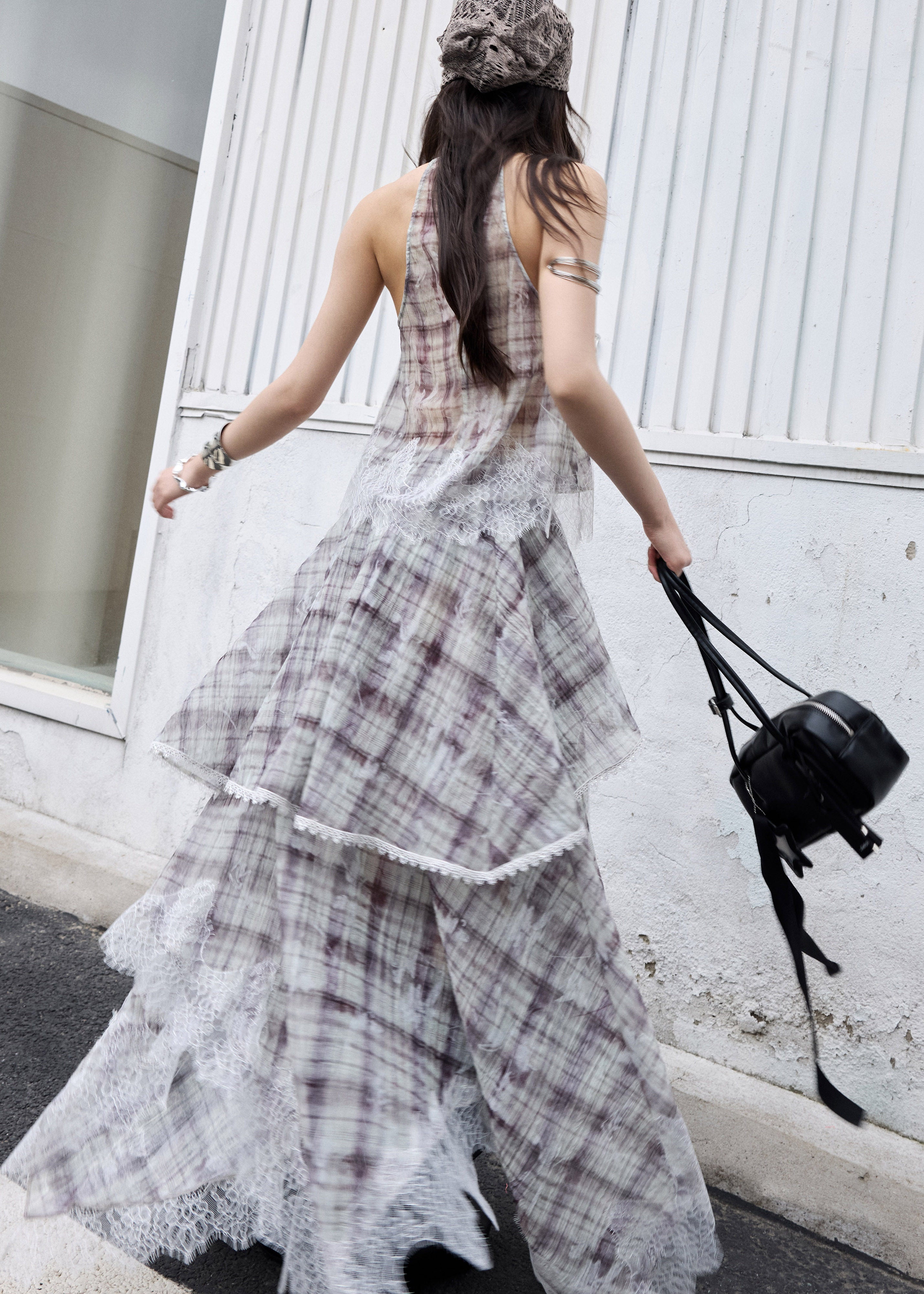 check two piece set, lace patchwork skirt set, korean fashion set, romantic maxi skirt set, vintage plaid outfit, feminine two piece dress set, irregular lace set, artistic summer outfit, jnylon set, elegant vacation outfit