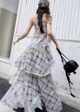 check two piece set, lace patchwork skirt set, korean fashion set, romantic maxi skirt set, vintage plaid outfit, feminine two piece dress set, irregular lace set, artistic summer outfit, jnylon set, elegant vacation outfit