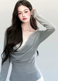 Fragileheart knit top, draped swing blouse, luxury Korean fashion, lace layered knitwear, quiet luxury womenswear, pastel noir aesthetic, grey slim-fit top, elegant autumn outfit, K-fashion 2025, minimalist feminine fashion, modern Korean style, soft two-piece knit, delicate off-shoulder top, refined knit blouse
