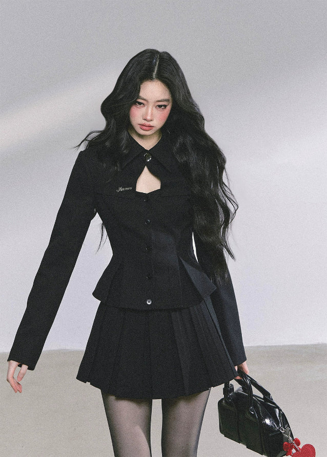 korean pleated skirt set women, korean suit skirt two piece, french style black skirt outfit, seoul chic tailored suit set, korean luxury blazer skirt set, korean elegant black suit outfit, hot girl pleated skirt fashion, modern korean business casual, korean preppy skirt set, french minimalist two piece women, seoul fashion autumn outfit, korean feminine formalwear, black two piece set women, kfashion black pleated skirt, elegant korean office outfit