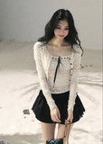 aomalm top set, lace cardigan and cami set, korean lace top, feminine summer top, french lace cropped top, ribbon bow cami top, romantic two piece top, ivory lace cardigan, square neck cami set, korean fashion top set, delicate lace summer outfit, layered lace top women