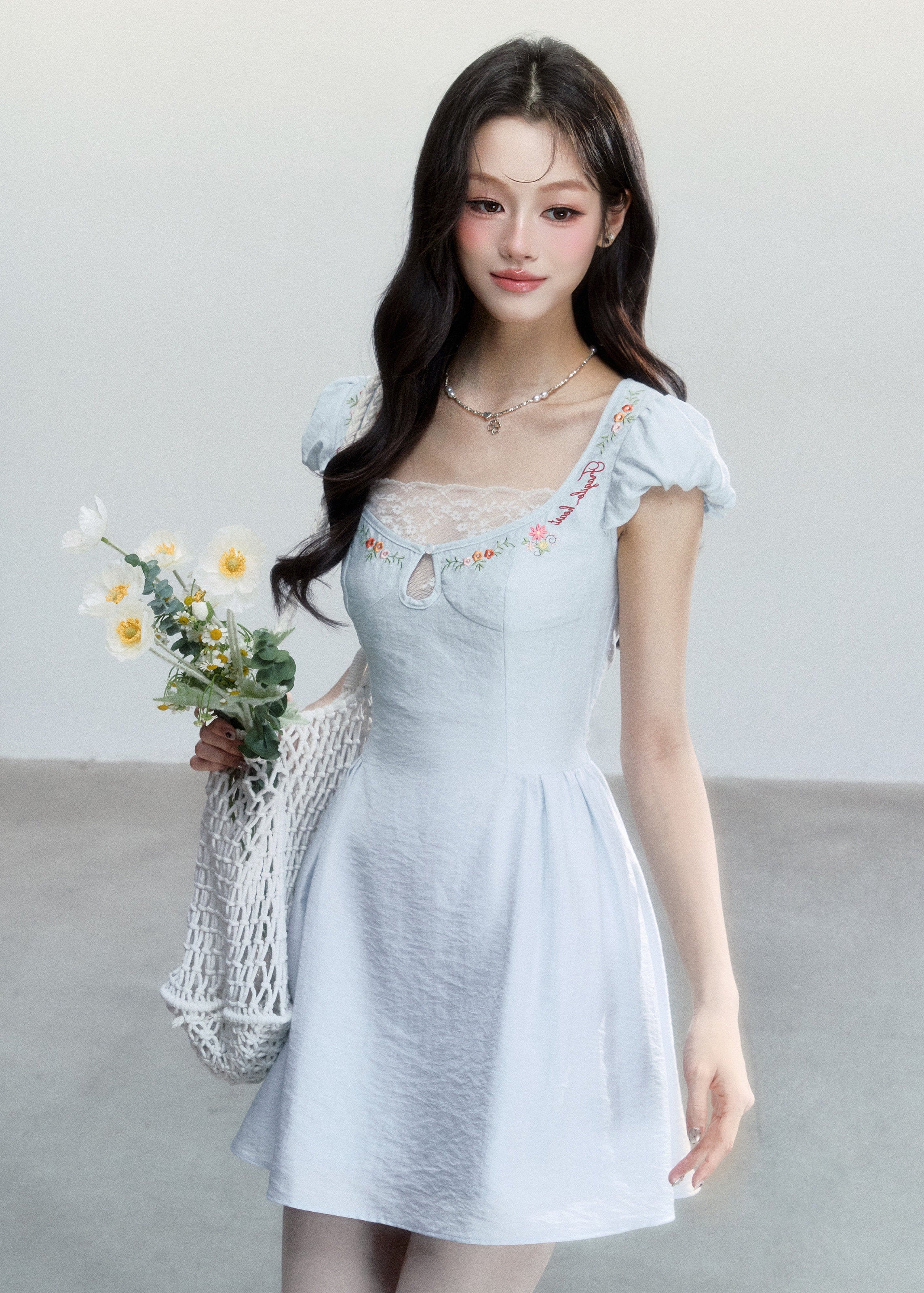 fragileheart dress, blue embroidered dress, lace mini dress, korean feminine dress, sweet summer dress, resort style dress, daisy embroidered dress, soft blue mini dress, feminine korean fashion, summer date dress, floral lace dress, romantic mini dress