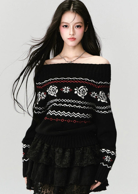 Fragileheart knit sweater, off-shoulder Fair Isle top, rose jacquard knitwear, luxury Korean fashion, Parisian romantic sweater, quiet luxury winter style, pastel noir aesthetic, elegant black knit top, K-fashion 2025, feminine winter outfit, cozy off-shoulder pullover, soft romantic fashion, vintage rose sweater, delicate feminine knit
