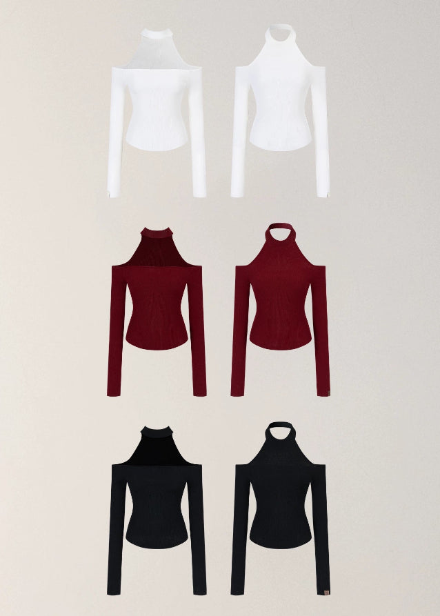 VIA PITTI off shoulder top, cutout turtleneck knit, Y2K wool blend top, sexy slim knitwear women, autumn winter street top, ribbed cut-out turtleneck, Korean Y2K knit top, VIA PITTI slim fit sweater, cold shoulder high neck top