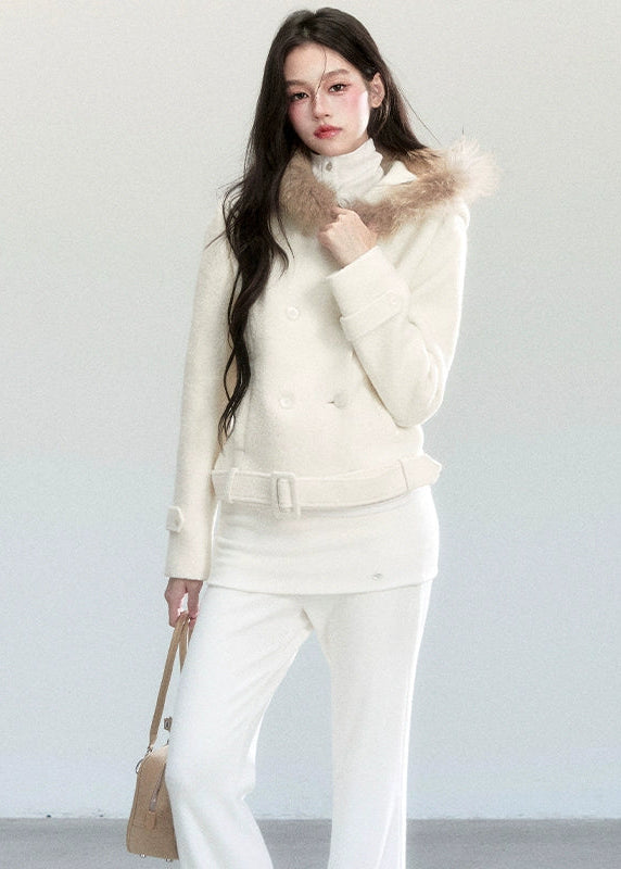 Fragileheart wool coat, cropped fur collar jacket, luxury Korean fashion, quiet luxury womenswear, beige tweed coat, pastel noir aesthetic, elegant winter outfit, short wool coat, K-fashion 2025, feminine outerwear, belted cropped jacket, modern Korean coat, soft winter fashion, sophisticated neutral outerwear
