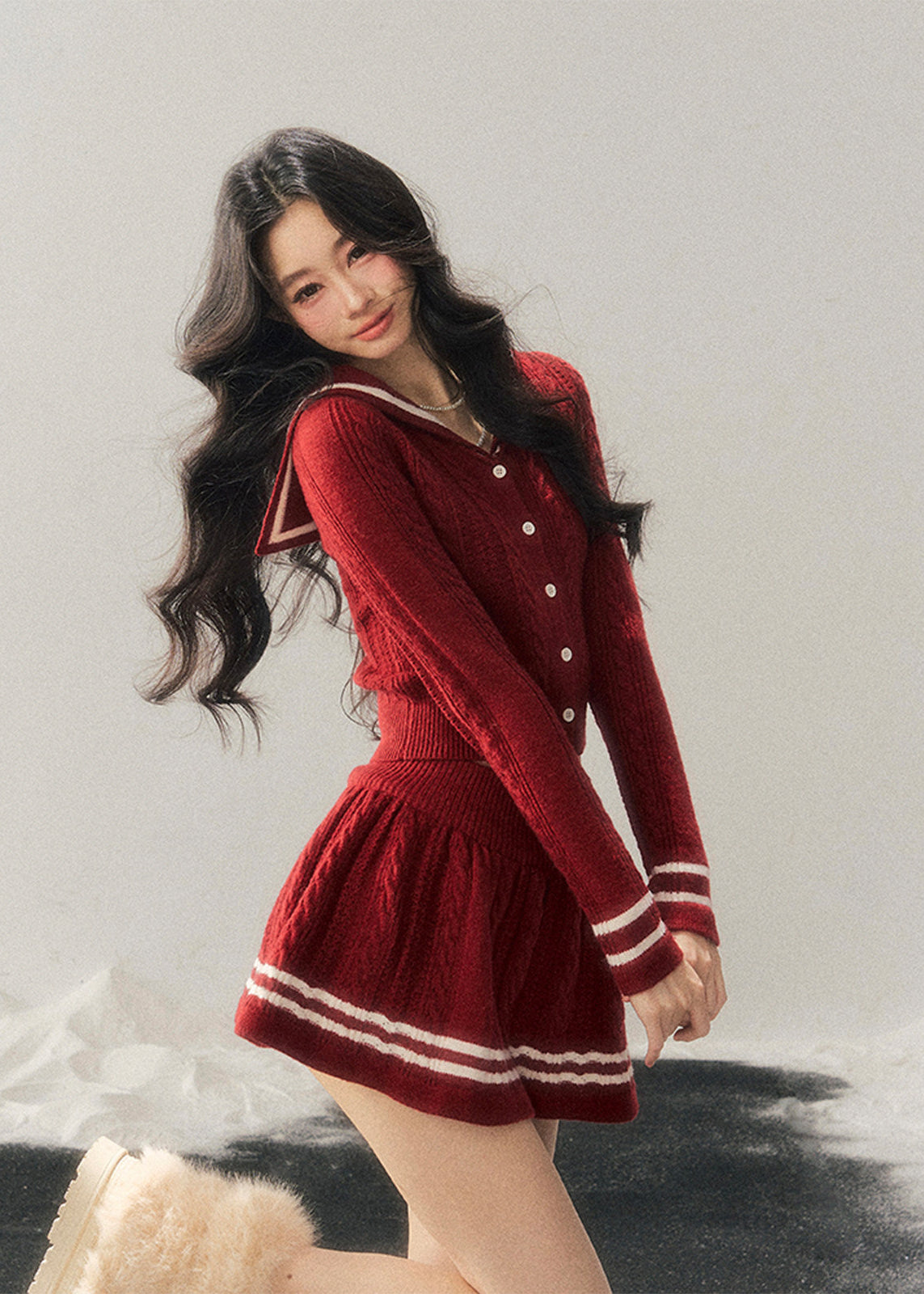 AOMALM knit set, red knit two piece set, preppy sweater skirt set, Korean style knit outfit, winter knit set women, feminine preppy outfit, red sweater set women, cozy winter two piece, Korean aesthetic knit set