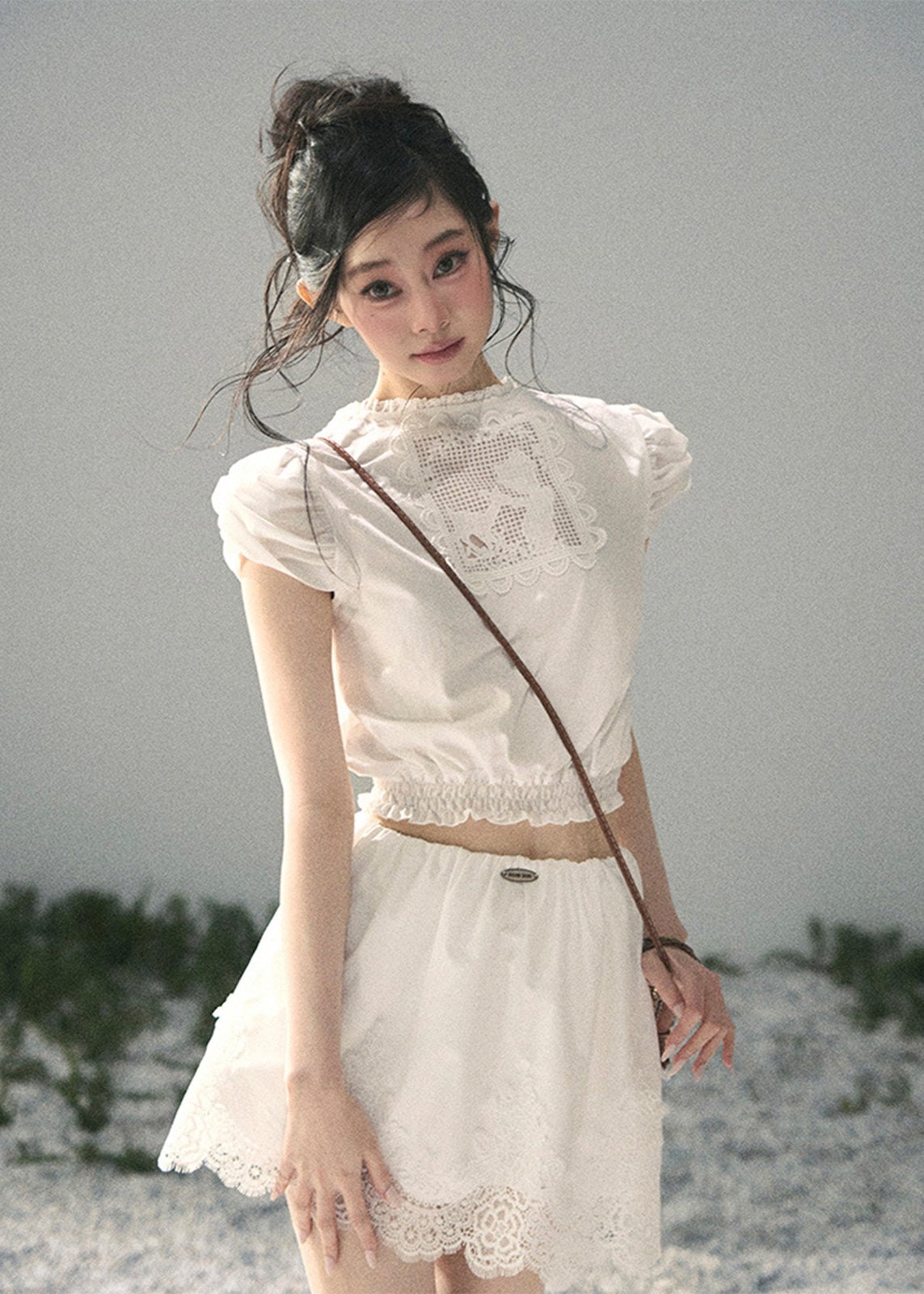 aomalm set, lace two piece set, white crop top skirt set, korean feminine set, french lace outfit, romantic summer set, lace mini skirt set, early summer outfit, feminine korean fashion, white lace top, garden style outfit, summer skirt set