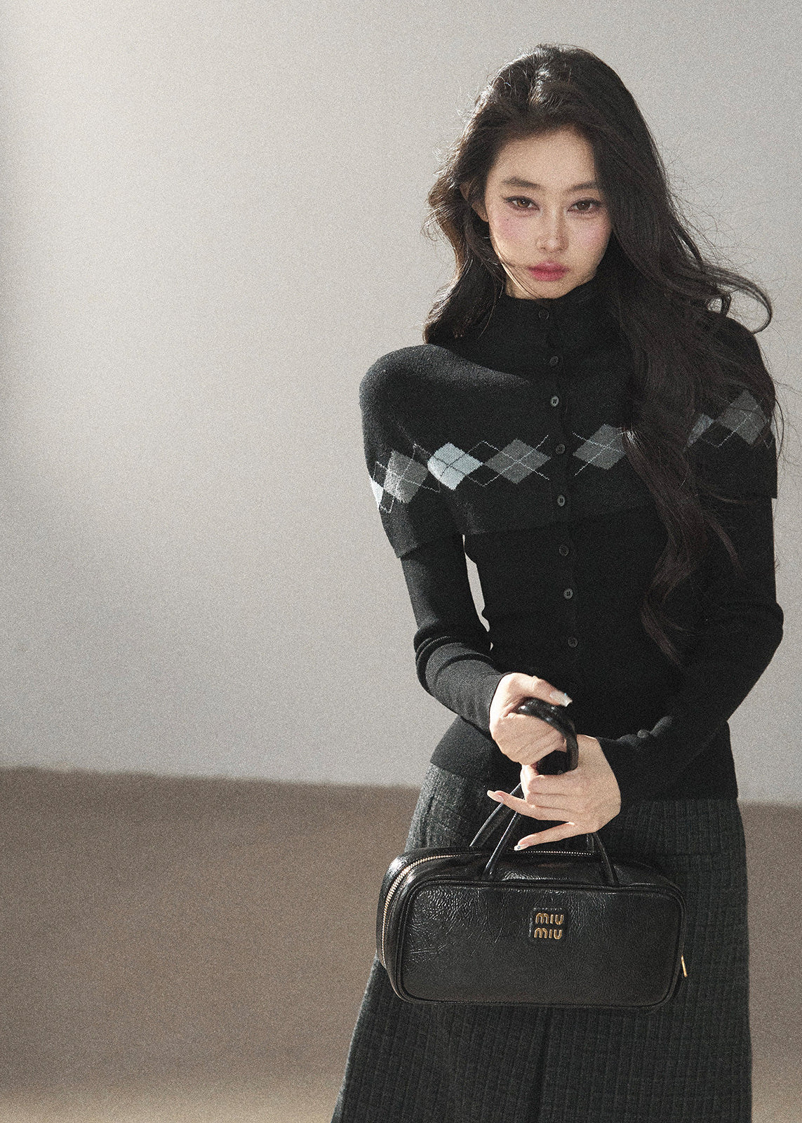 Black argyle shawl layered wool blend cardigan with diamond pattern