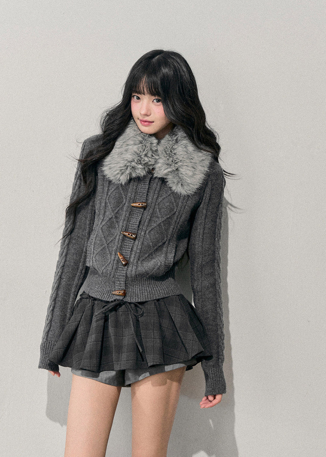 AOMALM cardigan, Korean knit sweater, horn button cardigan, feminine winter sweater, soft Korean style top, cable knit cardigan women, faux fur collar sweater, winter knit jacket women, slim fit knit cardigan, romantic Korean fashion, soft girl winter outfit, vintage button sweater, cozy feminine cardigan, Korean aesthetic clothing, winter layering knit top