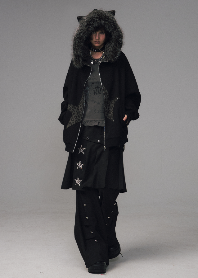 Frustration Garden hoodie, cat ear hoodie jacket, grunge fur hood sweatshirt, leopard star hoodie, edgy winter jacket women, punk fleece zip jacket, alternative streetwear coat, goth cat ear coat, oversized fur hood jacket