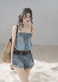 Light wash denim romper with beaded straps