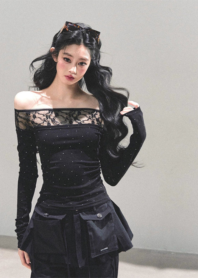 off shoulder lace top women, polka dot mesh shirt, autumn winter lace blouse, sheer neckline long sleeve top, korean off shoulder lace tee, hot girl winter top, fw25 lace mesh shirt, black white lace top women, elegant off shoulder blouse
