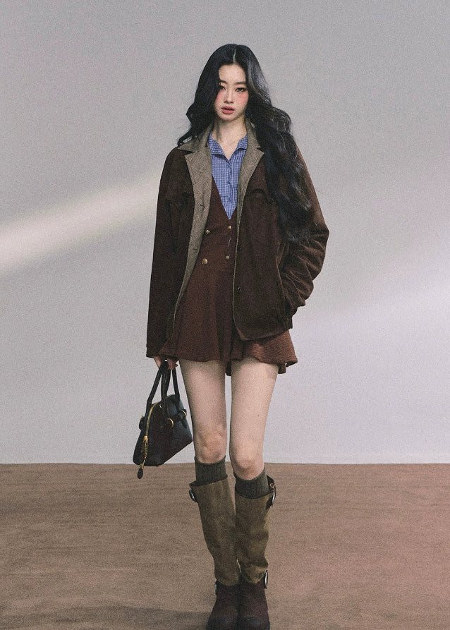 knitted dress women, fake two piece dress, plaid collar mini dress, french style knit dress, autumn winter knitwear, preppy dress women, double button knit dress, korean fashion mini dress, brown knit onepiece, layered collar dress women, elegant fall dress, soft knit mini dress
