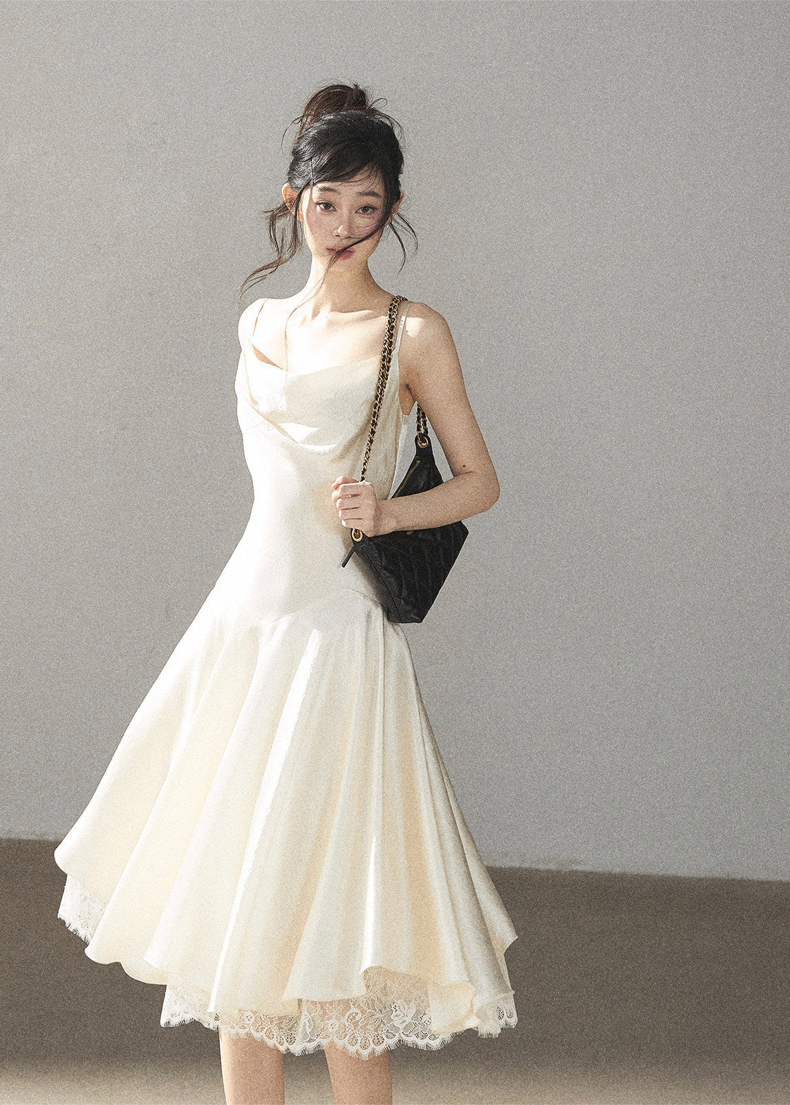 French-inspired satin slip dress in ivory