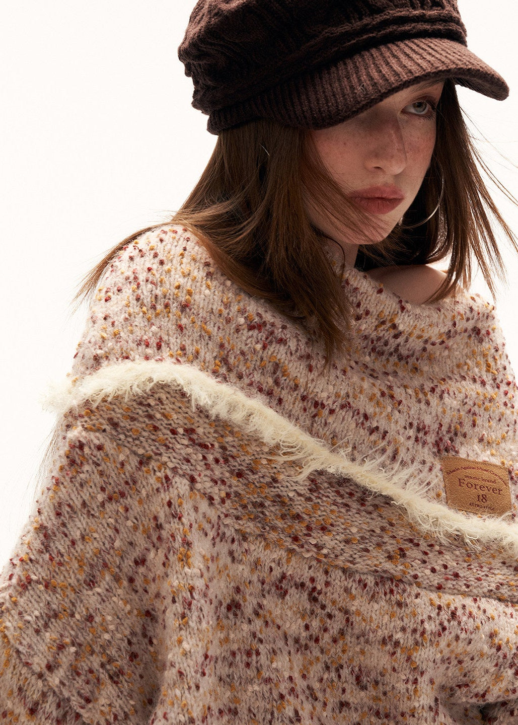 mixed grain sweater women, slanted neck knit top, y2k loose sweater, fleece knit jacket women, high neck sweater women, lazy fit knitwear, street style sweater women, autumn winter knit top, cozy oversized sweater, trendy knit jacket women, mamc sweater style, relaxed fit fleece knit, casual street knitwear, fashion long sleeve sweater, y2k streetwear knit