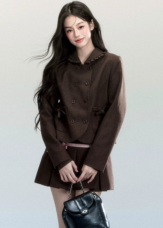 Fragileheart skirt suit set, brown pleated two-piece, luxury Korean fashion, doll collar jacket, vintage feminine outfit, quiet luxury womenswear, pastel noir aesthetic, elegant autumn ensemble, K-fashion 2025, romantic preppy look, mocha brown outfit, chic bow jacket set, soft classic fashion, refined Korean style
