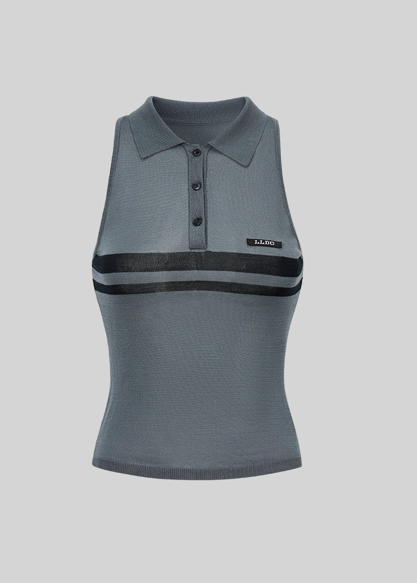 Blue-gray striped polo top with a buttoned collar and fitted sleeveless silhouette