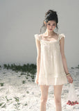 aomalm dress, white lace mini dress, french doll dress, flutter sleeve dress, korean feminine dress, summer lace dress, romantic white dress, button front mini dress, lace trim dress, feminine summer dress, doll mini dress, soft white vacation dress