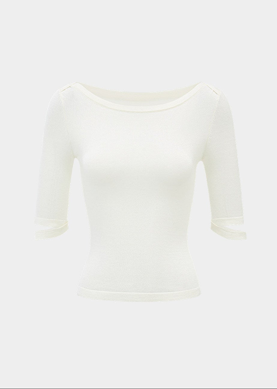 off shoulder knit top, minimalist knit top, slimming knit top, Korean feminine top, solid color knit tee, mid sleeve knit top, elegant summer knit, soft slim fit top, versatile knit blouse, feminine Korean fashion, collarbone knit top, acrylic lyocell wool top, mulberry silk knit top, casual elegant top, fitted knitwear women