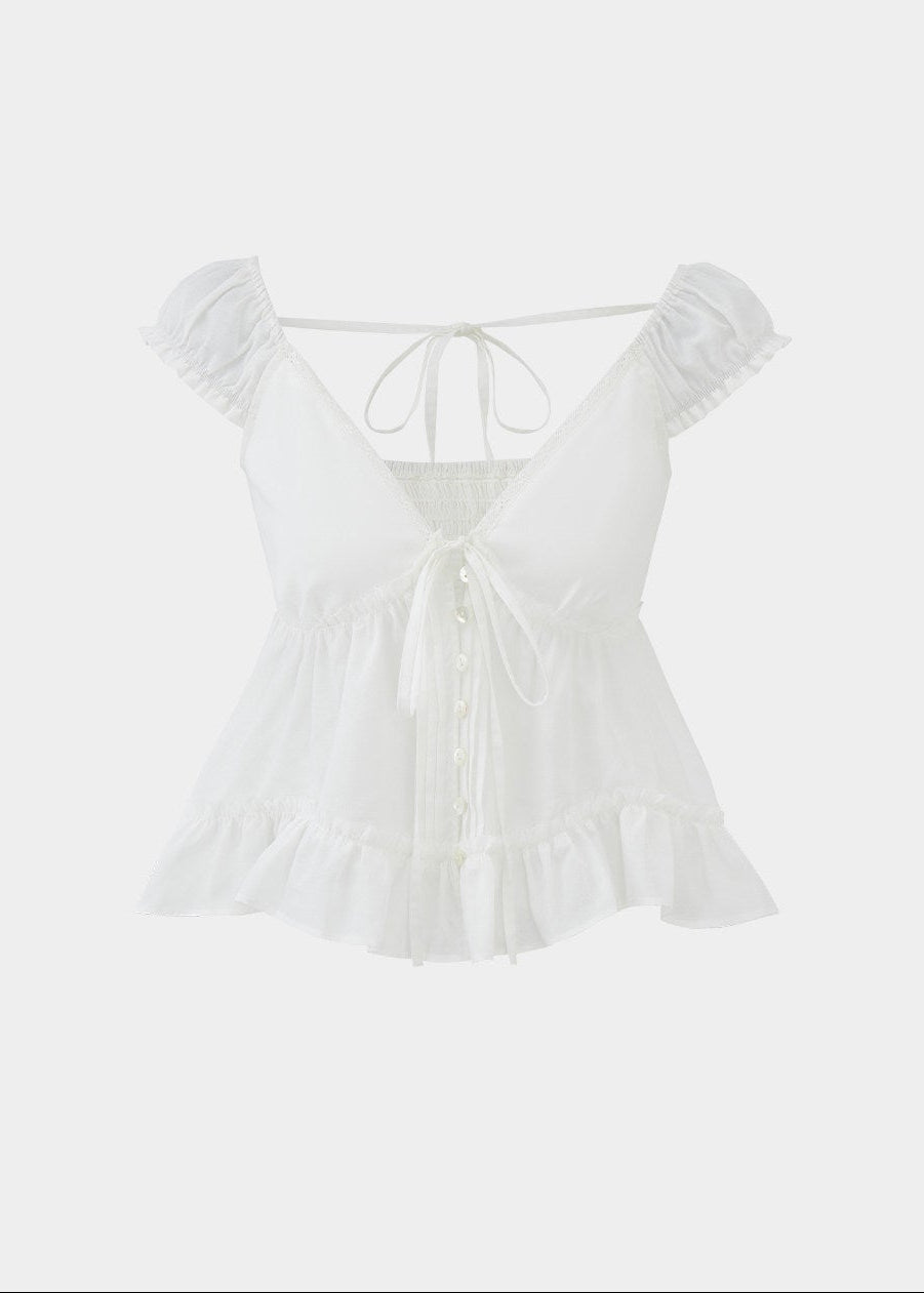 lace v neck top, summer lace top, tie front blouse, Korean feminine top, French sweet top, ruffle hem top, floral sleeve blouse, peplum summer top, romantic white top, vacation summer blouse, first love style top, feminine Korean fashion, lyocell cotton linen top, soft summer blouse, café date outfit