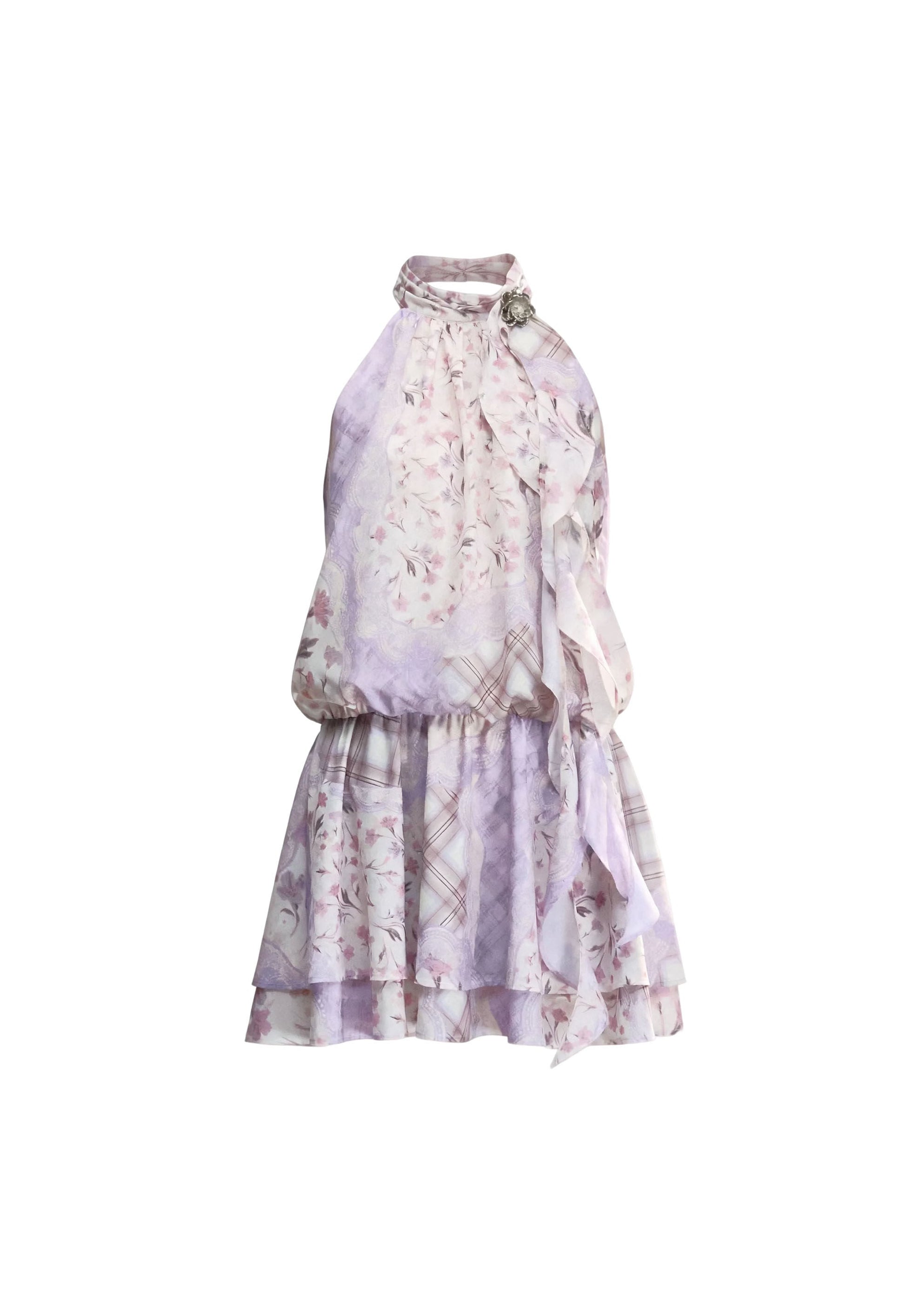 fragileheart dress, floral halterneck dress, pink floral mini dress, korean feminine dress, romantic summer dress, vintage floral dress, scarf neck mini dress, lilac floral dress, soft girl summer dress, feminine date dress, floral korean fashion, halterneck short dress